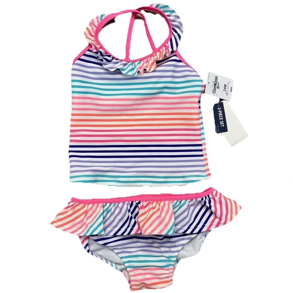 🆕Oshkosh baby girls two piece pastel multicolor striped swim suit 24 mos NWT